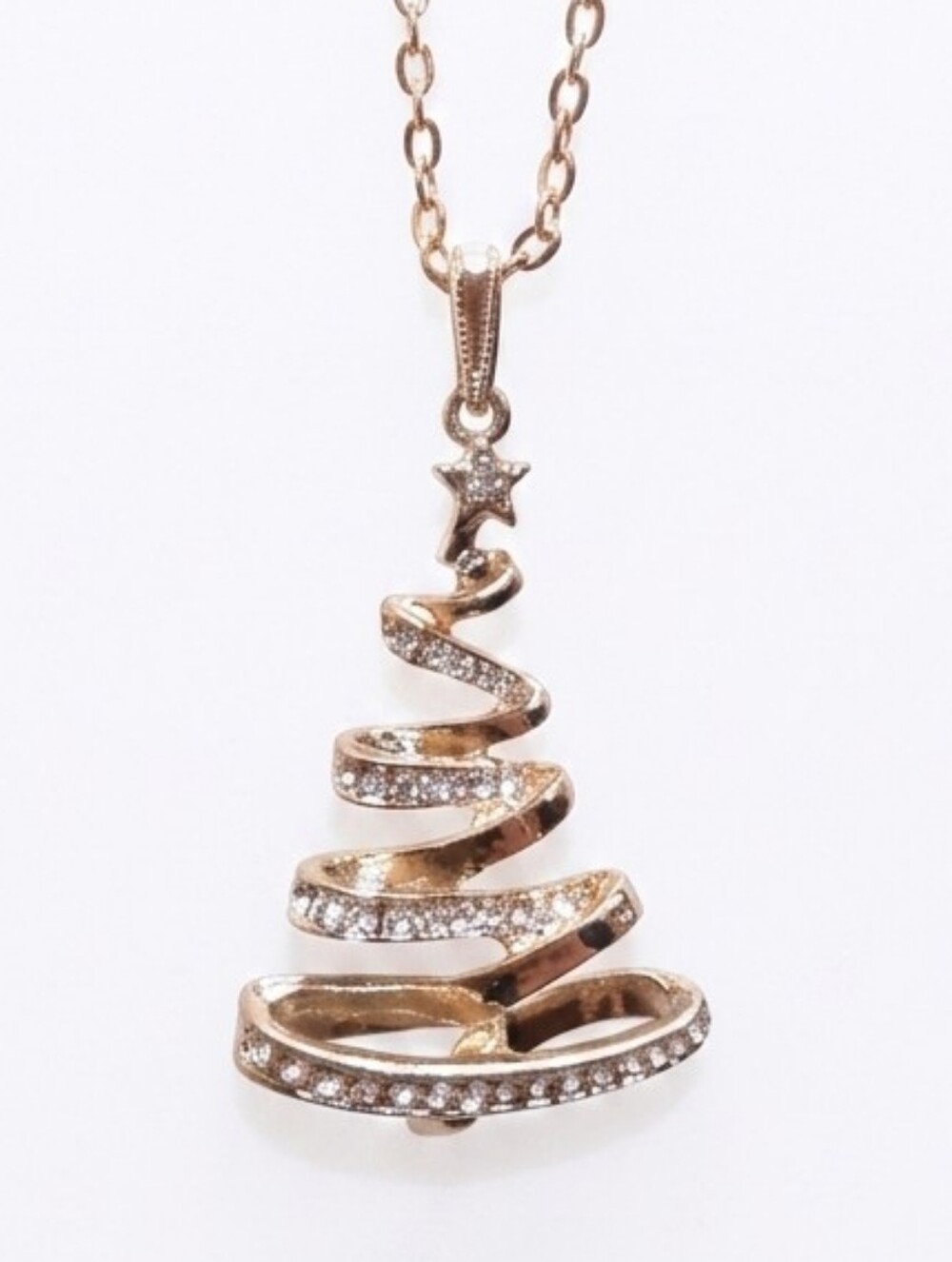 Christmas Tree Gold Tone Necklace Spiral Rhinestones Star Long Chain Holiday